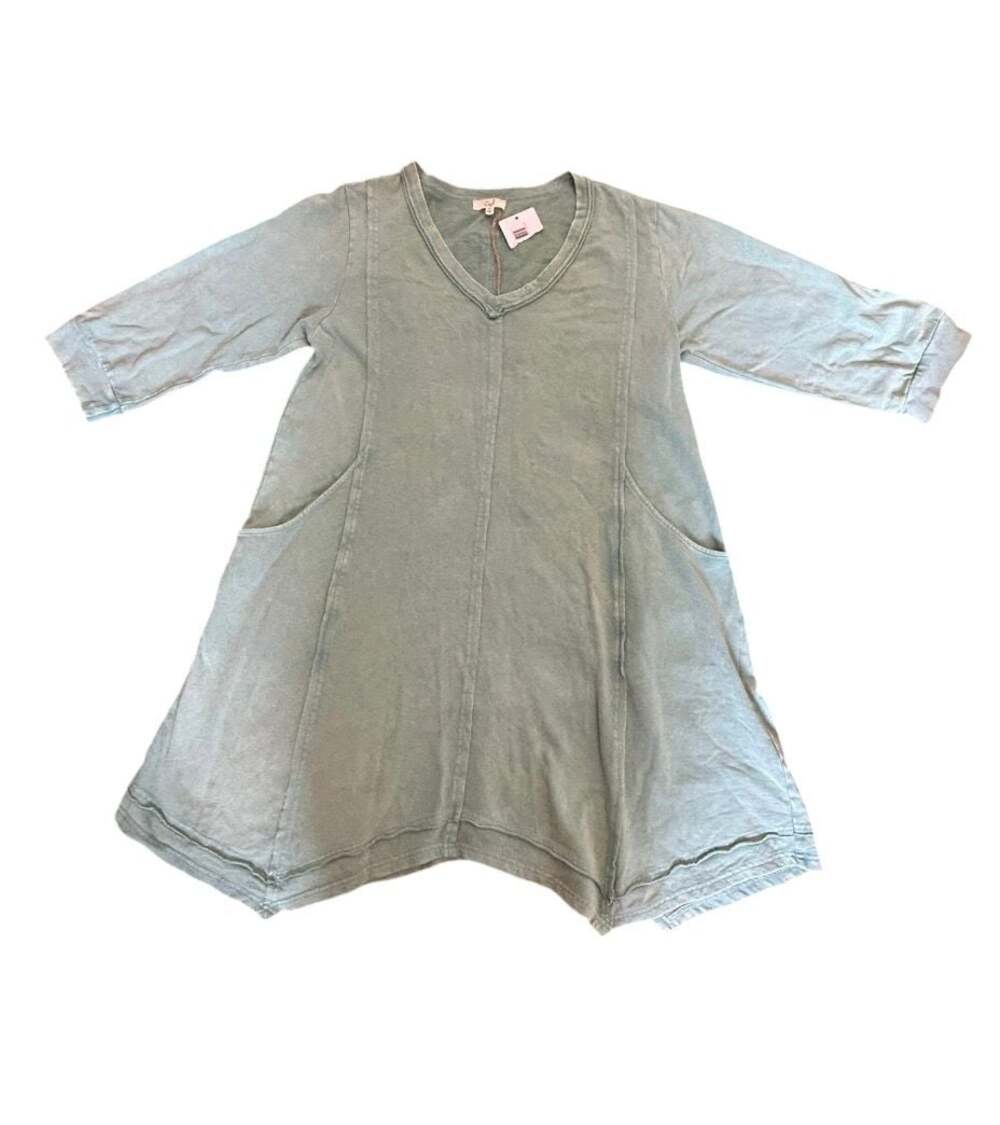 Easel Los Angeles Green Mineral Wash V-Neck Asymmetrical Tunic Dress with Pocket
